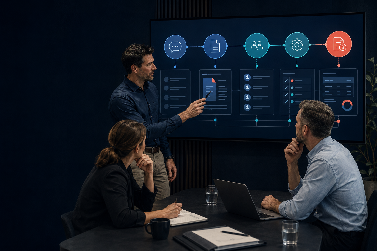 Professional services team reviewing a connected client workflow