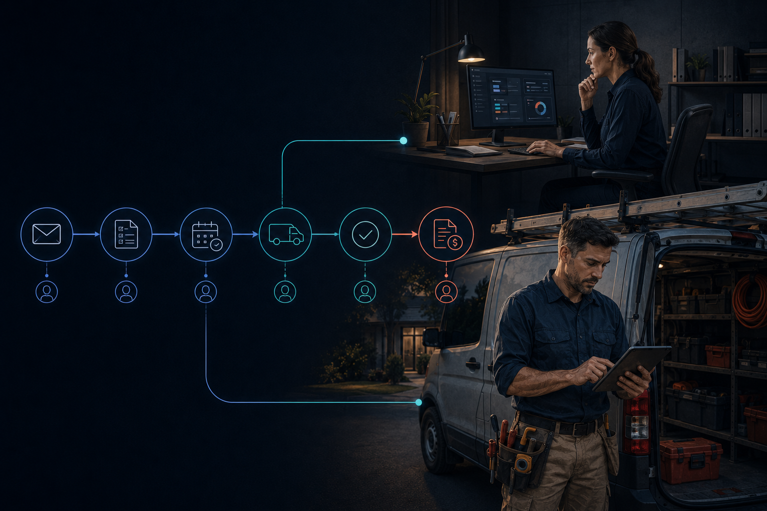 Office and field-service workflow connecting a trade business